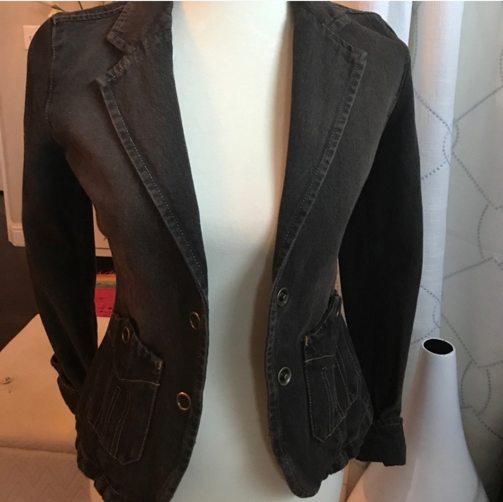 Mango Jeans Denim Blazer, Black Brown Tan Jean Jacket, XXS S EUC, Brass Snaps
